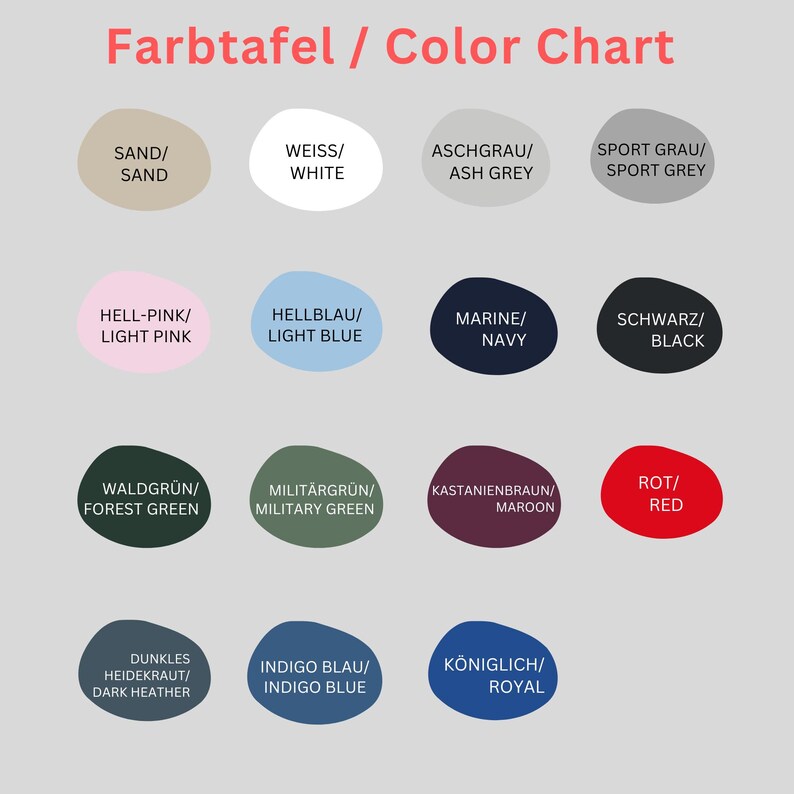 May include: Color chart with 12 color swatches, each with a German and English name. The colors include sand, white, ash grey, sport grey, light pink, light blue, navy, black, forest green, military green, maroon, red, dark heather, indigo blue, and royal blue.