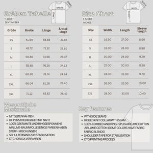 Puede incluir: Tabla de tallas para camisetas en pulgadas y cent&iacute;metros. La tabla muestra la talla, el ancho, la longitud y la longitud de la manga para las tallas XS a 3XL. La tabla tambi&eacute;n incluye una lista de caracter&iacute;sticas clave, como costuras laterales, cuello de punto de canal&eacute; y algod&oacute;n Airlume peinado y anillado al 100%.