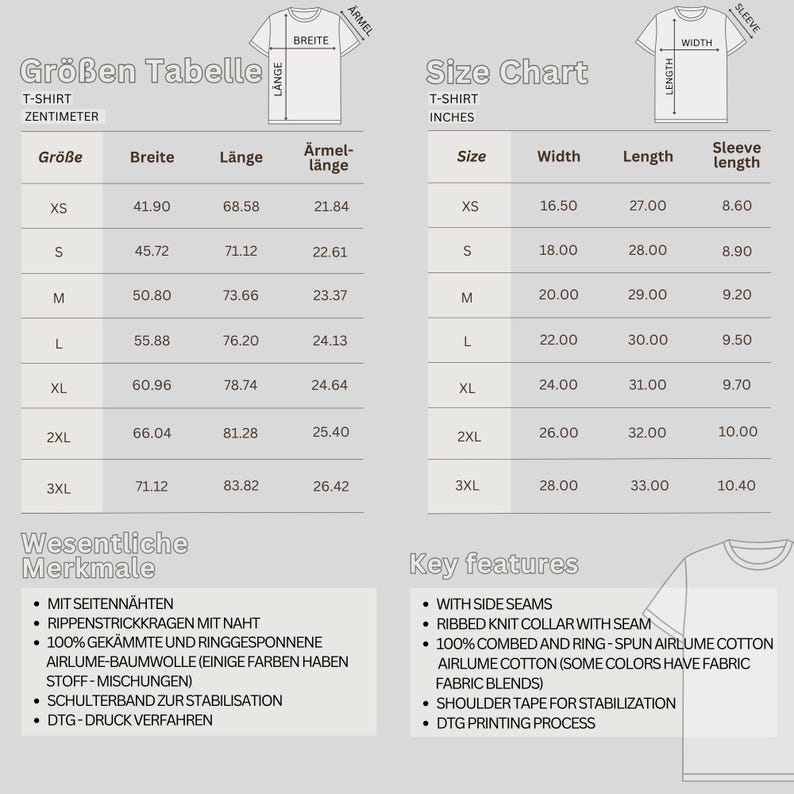 Puede incluir: Tabla de tallas para camisetas en pulgadas y cent&iacute;metros. La tabla muestra la talla, el ancho, la longitud y la longitud de la manga para las tallas XS a 3XL. La tabla tambi&eacute;n incluye una lista de caracter&iacute;sticas clave, como costuras laterales, cuello de punto de canal&eacute; y algod&oacute;n Airlume peinado y anillado al 100%.