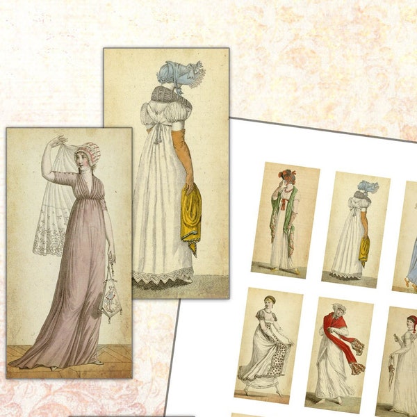 Costume Parisien Collection No. 1  Jane Austen Regency era Costume Fashion Plates 25mm x 50mm 1x2 shabby altered art digital collage