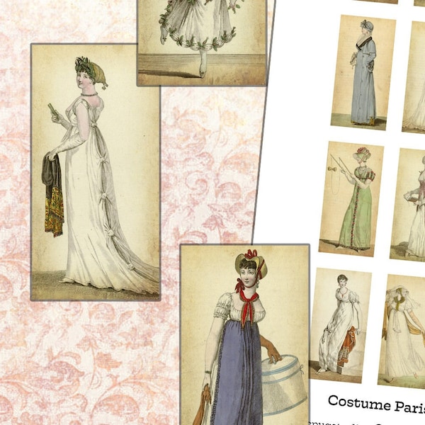 Costume Parisien Collection No. 2  Jane Austen Regency era Costume Fashion Plates 25mm x 50mm 1x2 shabby altered art digital collage