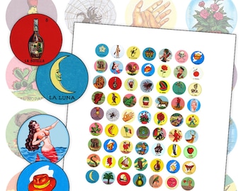 Mexican Loteria 18mm circle digital collage sheet for jewelry buttons pins