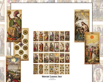 Może przedstawiać: Zestaw vintage'owych kart tarota z kolorowymi ilustracjami i złotymi akcentami. Karty są ułożone w siatkę z tytułem "Miniature Classical Tarot" na dole. Karty przedstawiają obrazy ludzi, zwierząt i symboli.