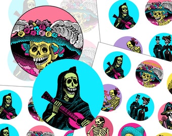 Day of the Dead Party Cupcake Toppers 2" circle digital collage sheet 50mm circles