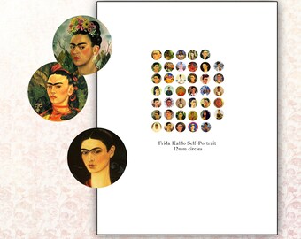 Frida Kahlo Self-Portrait 12mm Circle Digital Collage Sheet for altered art and jewelry