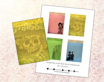 Instant Download Digital Day of the Dead Artist Trading Card set - four unique designs - 2.5x3.5 in scrapbook journal editable PDF ATC