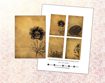 Instant Download Digital Seed Catalog Flowers Artist Trading Card set - four unique designs - 2.5x3.5 in scrapbook journal editable PDF ATC