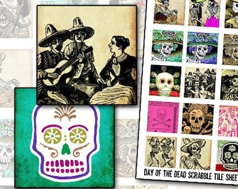 Tag der Toten Spielfiguren digitale Collage Druckvorlage für 1x1 Quadrate inchies calavera Dia de los Muertos traditioneller mexikanischer Feiertag Posada