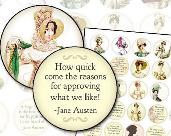 Jane Austen Quotes and Regency Era Fashion 1 inch 25.4mm circle digital collage sheet