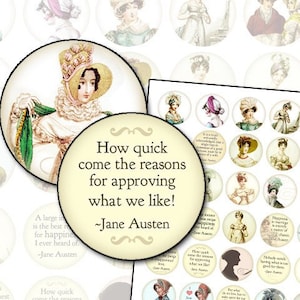 Jane Austen Quotes and Regency Era Fashion 1 inch 25.4mm circle digital collage sheet