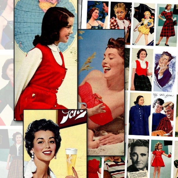 Vintage 1950s Magazine Women Digital Collage sheet I for domino jewelry and altered art work 25mm x 50mm 1x2