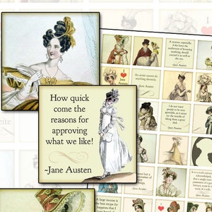 Jane Austen Quotes and Regency Era Fashion 1.5 inch square 38mm squares womens fashion costume costuming georgian england english