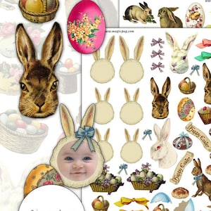 May include: Two printable sheets of Easter-themed digital paper with images of bunnies, baskets, eggs, and other spring-themed elements. The sheets are designed for crafting and scrapbooking.
