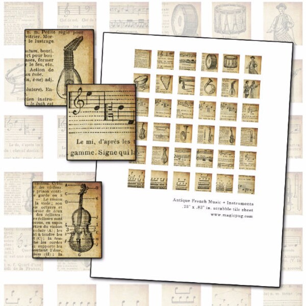 Antique French Music and Musical Instrument Scrabble tile digital collage sheet 75 x 83 in 19mm x 21mm altered art