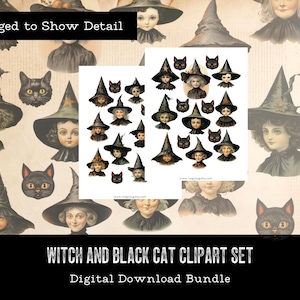 Halloween Witch & Black Cat Clipart Set: Victorian Collage (Digital Download)