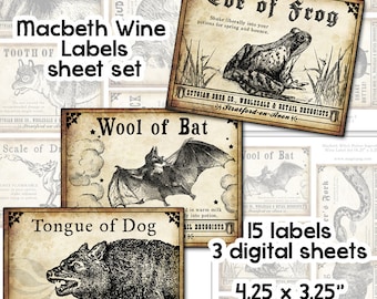 Macbeth Witch Magic Potion Labels digital collage sheet set for dinner party entertaining stygian witches witchcraft theatre theater occult