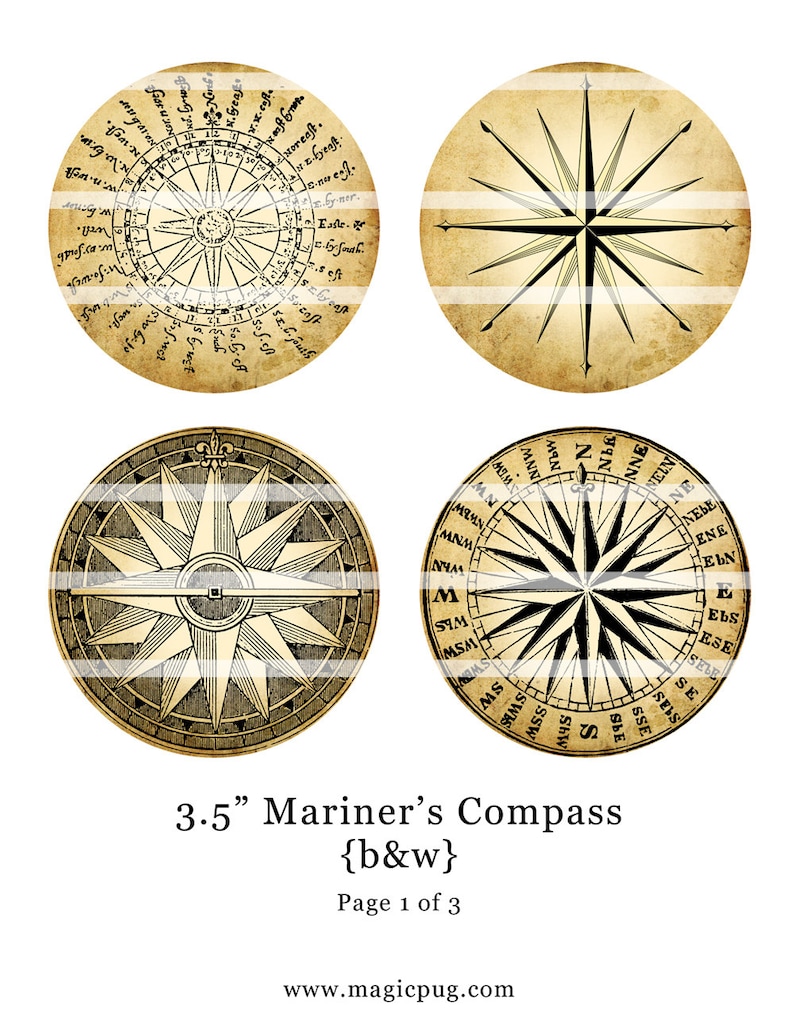 Aged Antiqued Mariner's Rose Compass Black & White Digital Etsy