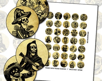 Posada Day of the Dead Calavera -- Beige or Natural Paper color -- 1 inch 25.4 mm circle digital collage sheet