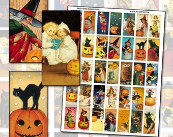 Instant Digital Download Printable Antique Halloween domino digital collage sheet 1x2" 25mm x 50mm ghost pumpkin jack o'lantern witch