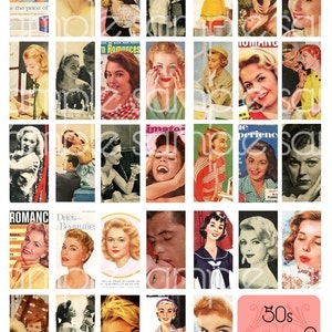 Vintage 50s Women II Digital Collage Sheet 1x2 inch 25mm x 50mm image 2