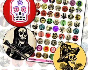 Day of the Dead 1 inch cirkel digitaal collage vel voor knoppen badges pinbacks en bottlecap sieraden