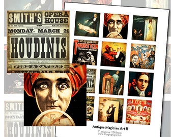 Antique Magician Posters II 2 x 2 inch digital collage sheet 50 mm square 50.8 hypnotist magic turban crystal ball fortune teller 2x2