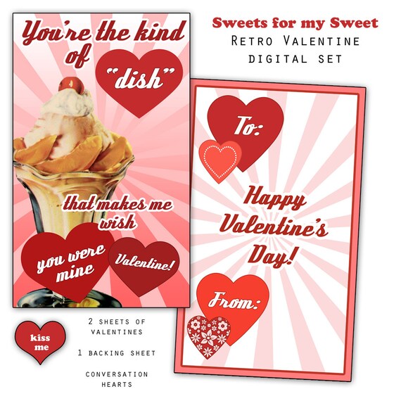 Retro Sweet Valentine Printable Set 8 3x5 Valentines PDF | Etsy
