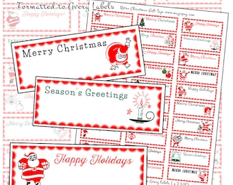 Retro Atomic Santa Christmas Gift Tags Printable Set Midcentury red and white holiday ephemera junk journal