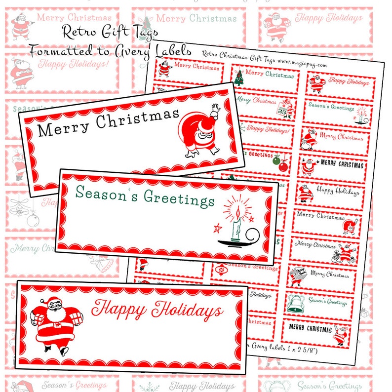 Retro Atomic Santa Christmas Gift Tags Printable Set Midcentury red and white holiday ephemera junk journal image 1