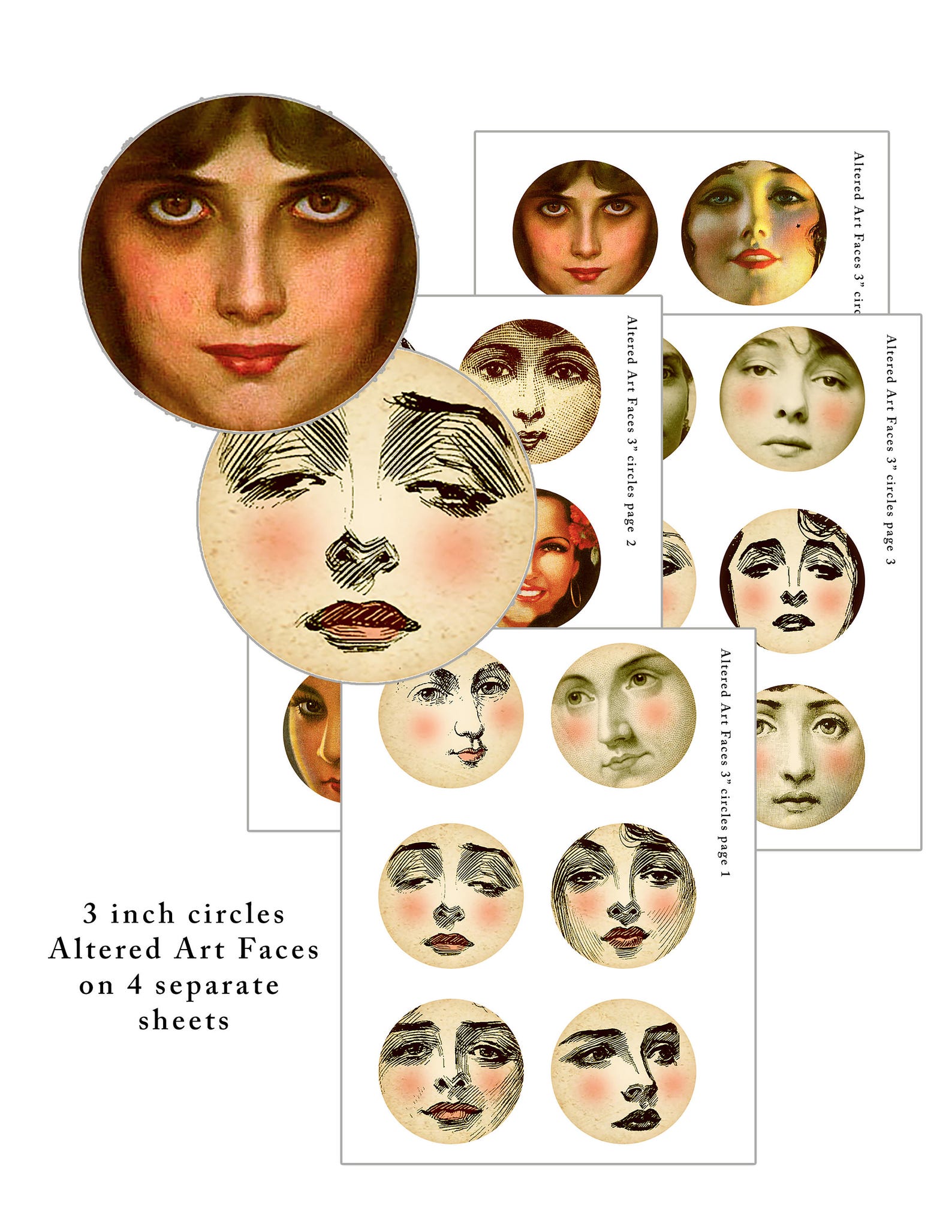 Altered Art Faces Digital Collage Sheet: 3-inch Circles (digital ...