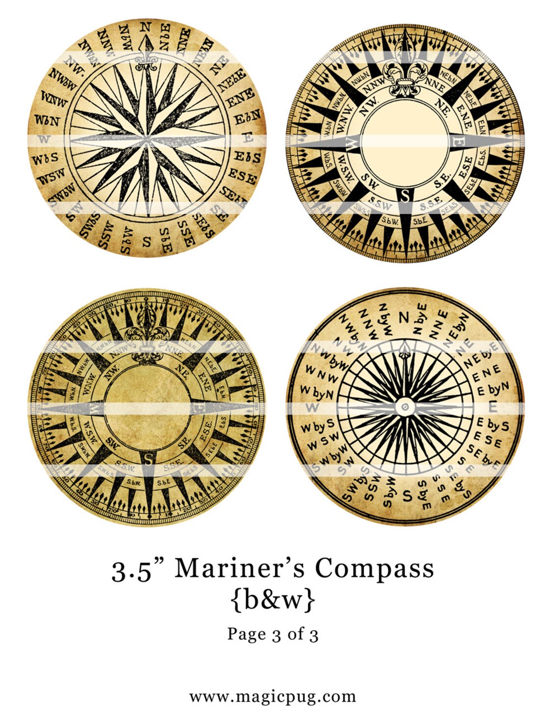 Aged Antiqued Mariner's Rose Compass Black & White Digital Etsy