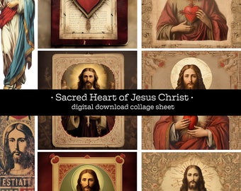 Sacred Heart of Jesus digital collage sheet for junk journal ephemera collection antique holy cards Catholic art