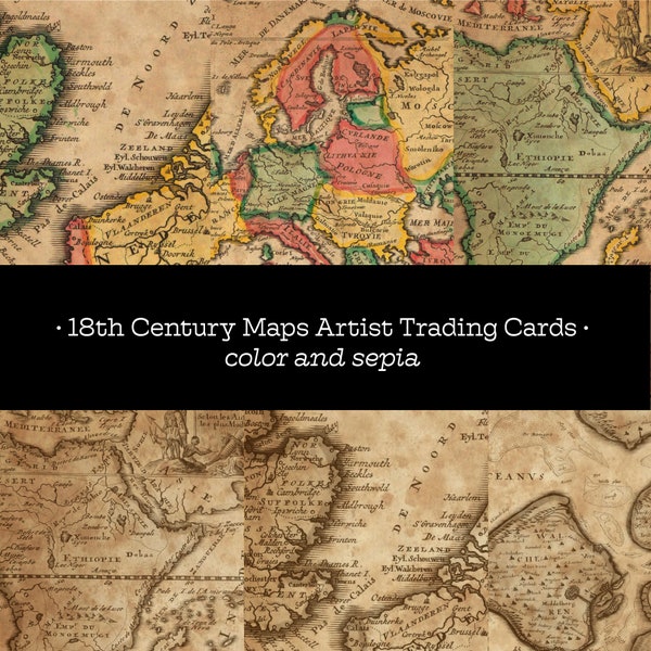 18th Century Maps Artist Trading Cards Set Sepia and Colorful texture cartography background collage shabby antique