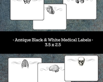 B&W Antique Medical Blank Labels digital collage sheet 300dpi with editable PDF instant download altered art anatomy