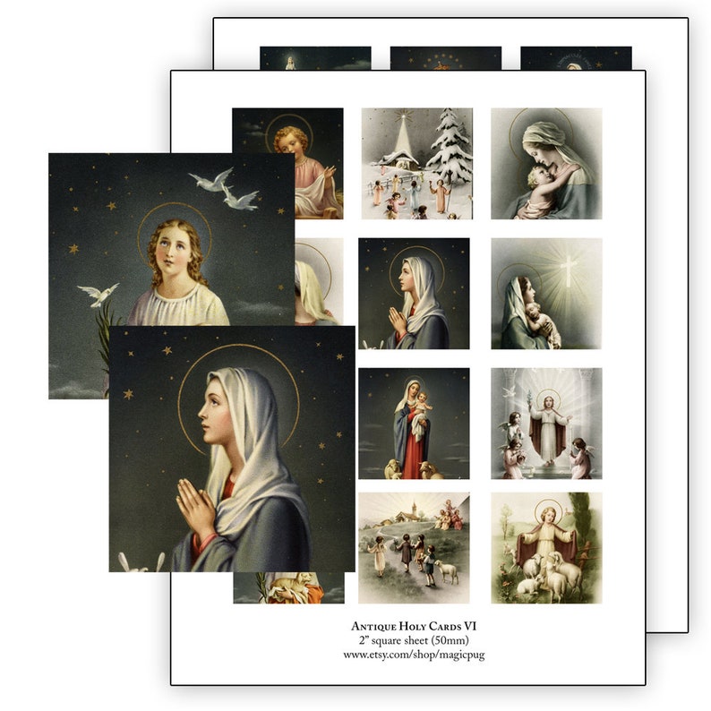 May include: A printable sheet of 12 vintage religious images, each depicting a different scene from the life of Jesus and Mary. The images are in a traditional style, with a dark background and gold accents. The sheet is labeled "Antique Holy Cards VI" and measures 2 inches square.