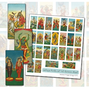 May include: A sheet of 1x2 dominoes featuring antique Hindu art. Each domino features a colorful illustration of a Hindu deity or scene. The sheet is titled "antique hindu art 1x2 domino sheet" and includes the website "www.magicpug.com".