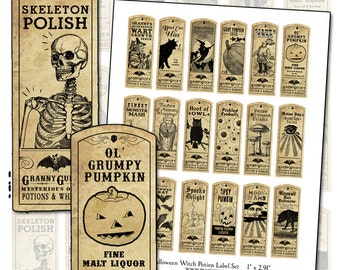 Halloween Witch Potion Label digitale collage blad vleermuis kat vakantie wicca 1x3 armoedige textuur ephemera gewijzigde kunst feestartikelen decor