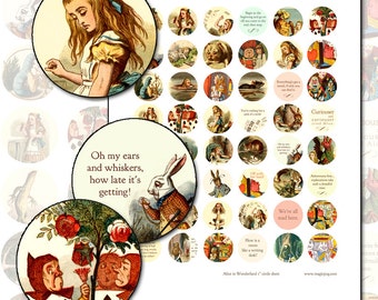 Alice in Wonderland Quotes Color Illustrations 1 inch circle round 25mm 25.4mm button sticker digital collage sheet