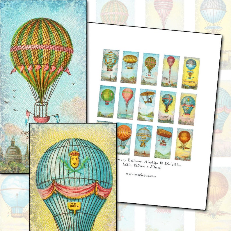 Antique Hot Air Balloons and Air Ships domino digital collage sheet 1x2 inch 25mm x 50mm image 1