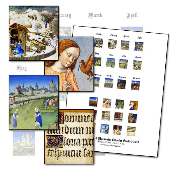 Medieval Illuminated Manuscript Calendar digital collage sheet .75 x .83 inches 19mm x 21mm birth month zodiac