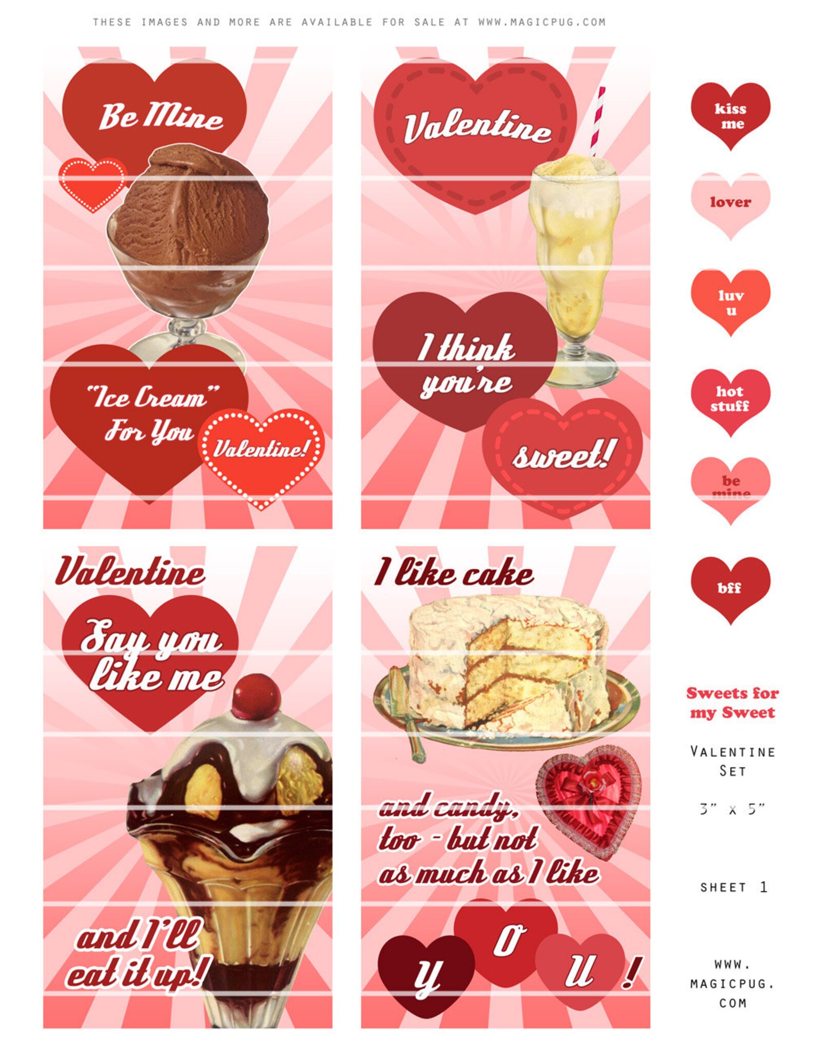 Retro Sweet Valentine Printable Set 8 3x5 Valentines PDF | Etsy