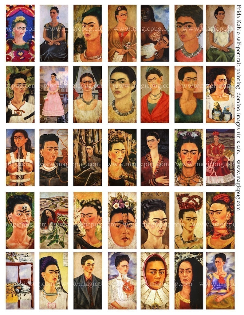 Frida Kahlo Self Portrait peintures domino collage numérique feuille 1x2 pouces téléchargement instantané imprimable image 2