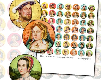 Henry VIII and his Wives 1 inch circle digital collage sheet 25mm round magnet 25.4mm