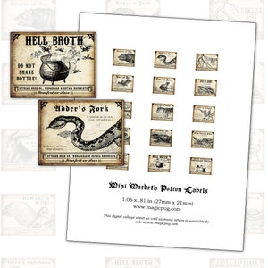 May include: A digital collage sheet of 16 potion labels, each featuring a different ingredient and a vintage-style illustration. The labels are 1.06 inches by 0.81 inches and are perfect for crafting or scrapbooking.