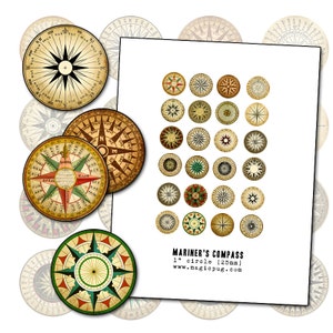 May include: A set of 25 vintage-style compass designs, each measuring 1 inch in diameter. The compasses feature a variety of colors, including red, green, and brown, and are printed on a white background. The text "MARINER'S COMPASS 1" circle (25mm) www.magicpug.com" is printed at the bottom of the image.
