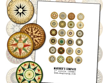 Mariner's Rose Compass 12mm circle digital collage sheet  for badge pinback button props earrings pendant necklace