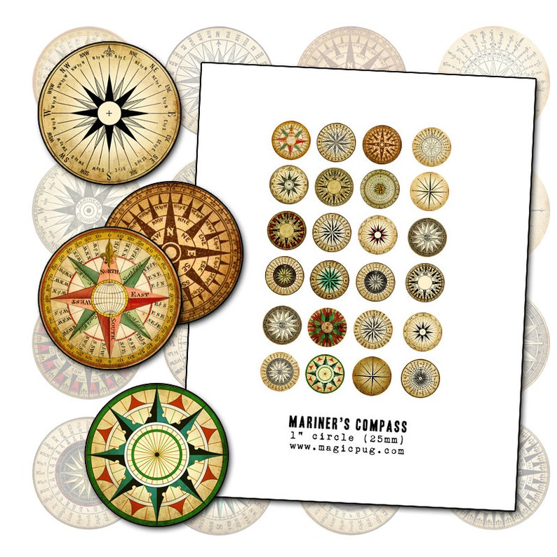 Mariner's Rose Compass Digital Collage Sheet 1 Inch Circle Etsy