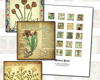 Medieval Herbal 1 inch square digital collage sheet 25 mm square inchies