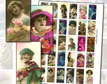 Antique Postcard Women digital collage sheet domino size 1x2 mm 25mm x 50mm