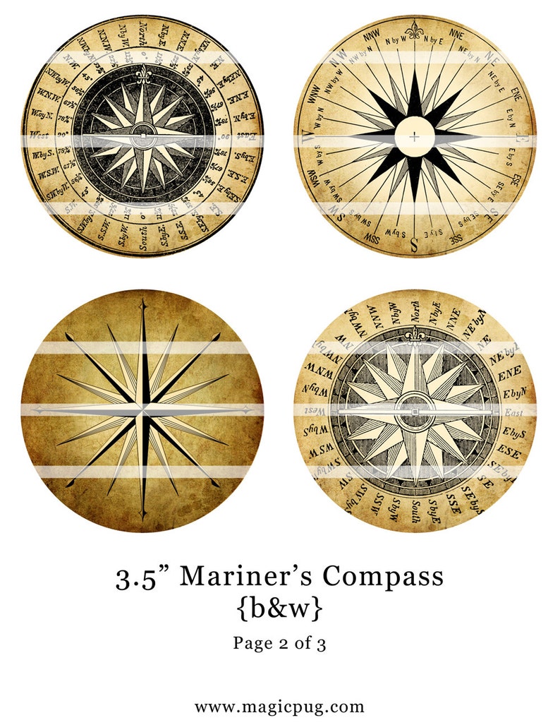 Aged Antiqued Mariner's Rose Compass Black & White Digital Etsy